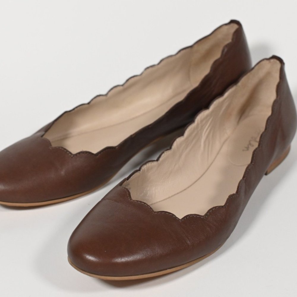 Boden Brown Leather Flats with Scalloped Edges